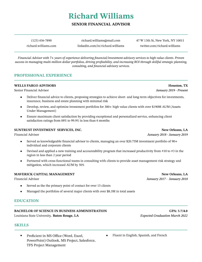 The Chicago CV template in green, featuring a basic design that's appropriate for formal industries. The header is centered while the work experience section is left-aligned.
