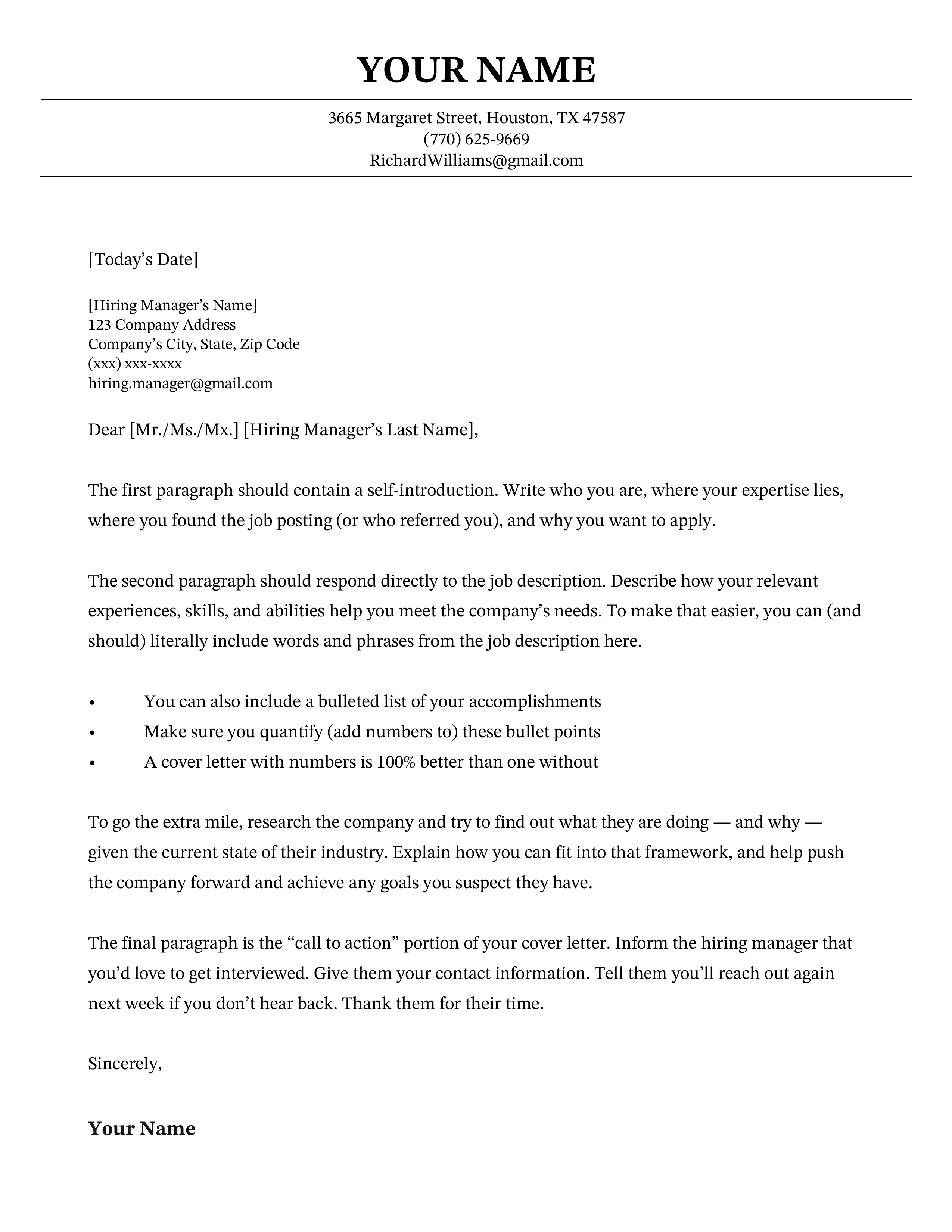 The Chicago cover letter template, a custom-made cover letter design compatible with Google Docs.