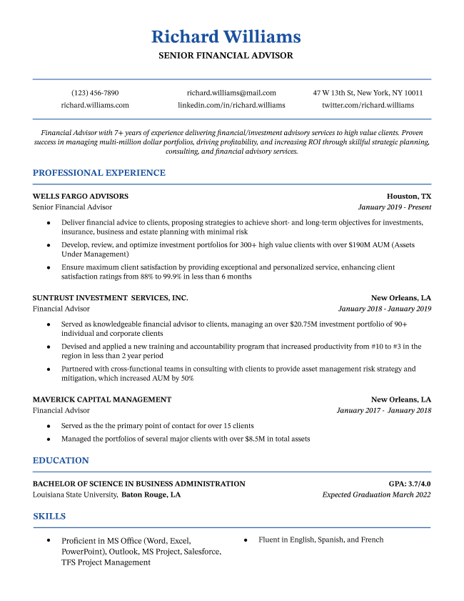 The Chicago resume template in blue, featuring a basic design that works especially well for highly formal industries.