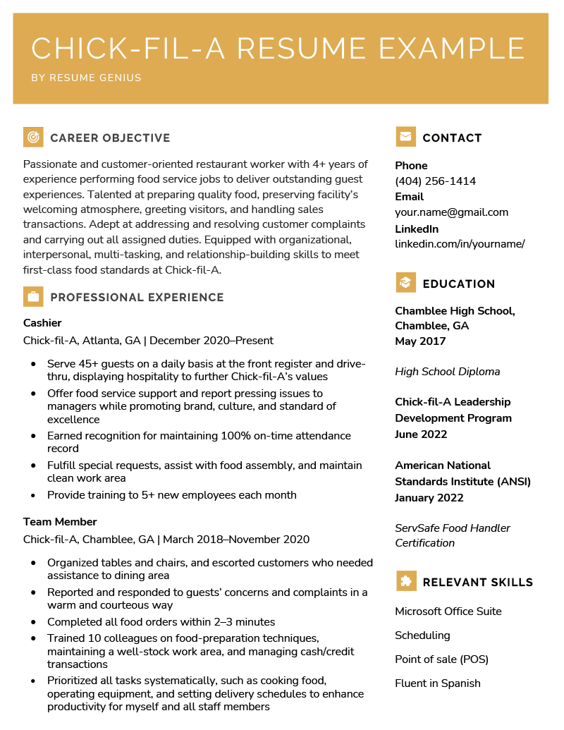 An example of a Chick Fil A resume with a yellow header and career objective, professional experience, contact, education, and relevant skills sections