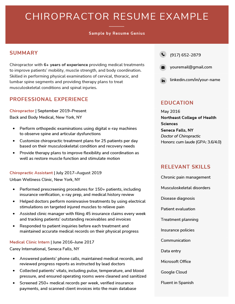 A chiropractor resume example with a red header and sections for the applicant's summary and professional experience in a column on the left, and contact information, education, and relevant skills in a column on the right