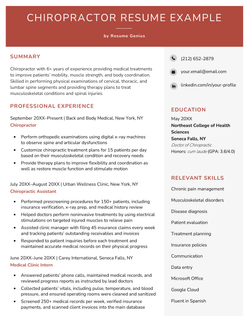 A chiropractor resume example with a red header and sections for the applicant's summary and professional experience in a column on the left, and contact information, education, and relevant skills in a column on the right