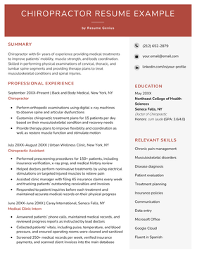 A chiropractor resume example with a red header and sections for the applicant's summary and professional experience in a column on the left, and contact information, education, and relevant skills in a column on the right