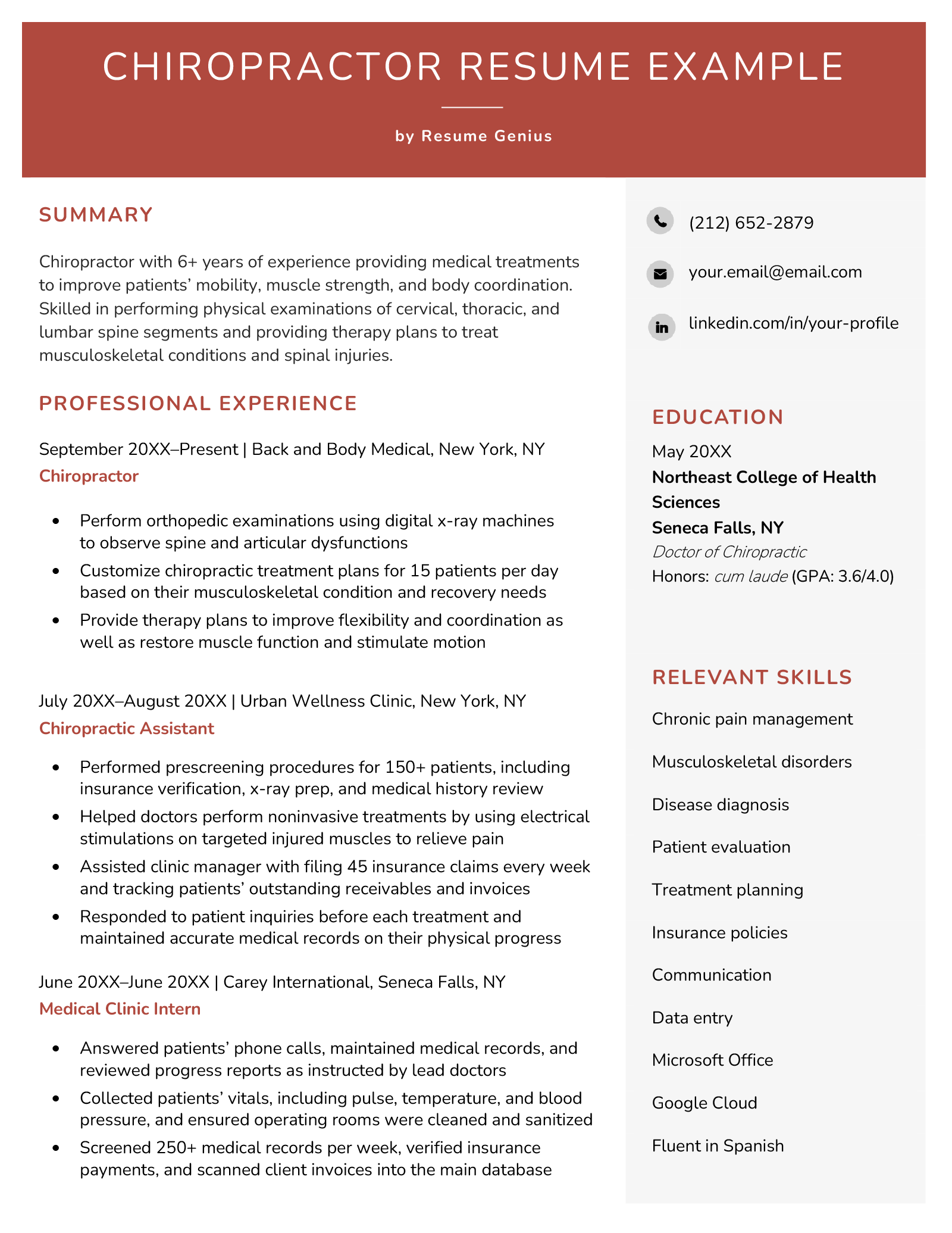 A chiropractor resume example with a red header and sections for the applicant's summary and professional experience in a column on the left, and contact information, education, and relevant skills in a column on the right