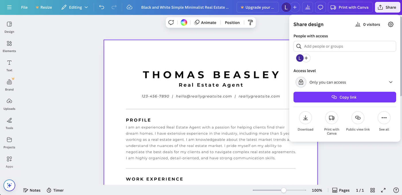 A screenshot showing how to share a Canva resume template.
