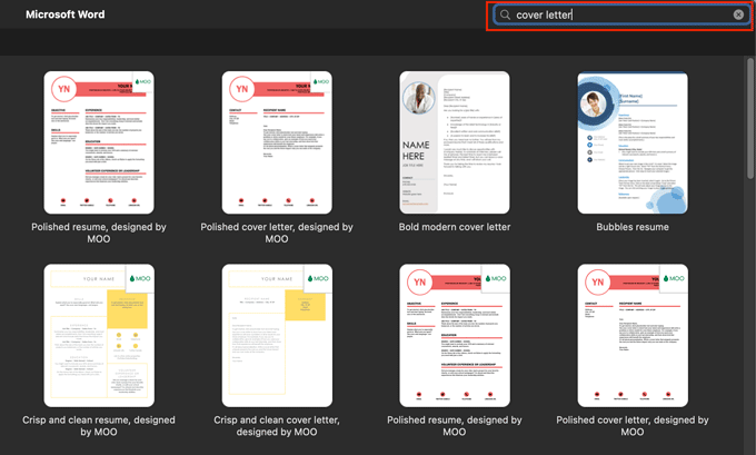 A reference for how to narrow your search to just cover letters in Microsoft Word