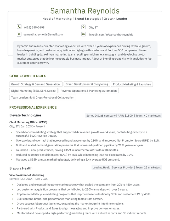 Chronicle resume template for executives in green