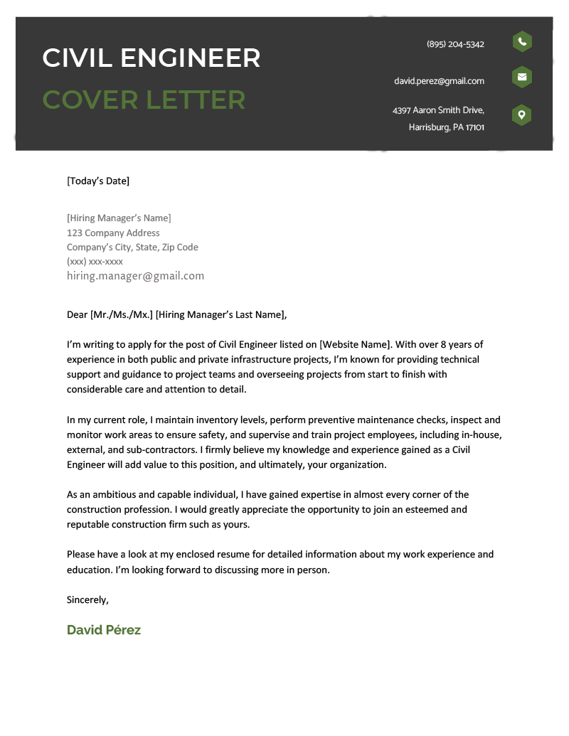 A sample cover letter for a civil engineer on a modern template with a dark gray header bar and green text and icon accents