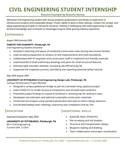 A civil engineering student internship resume.