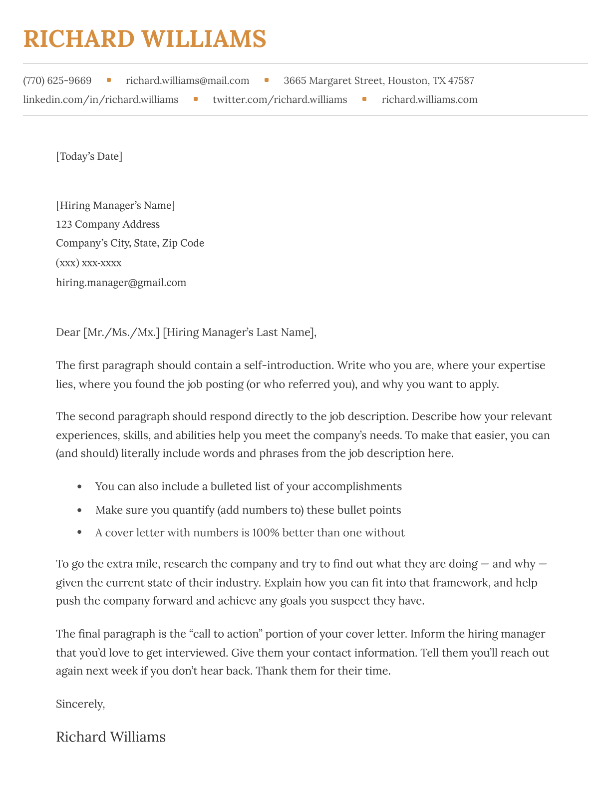 Classic cover letter template in orange.