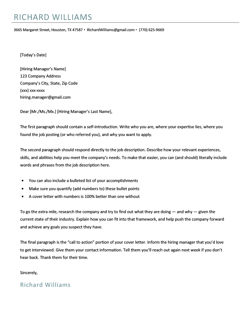 An example of the classic cover letter template for word