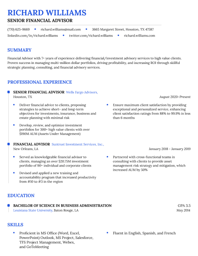 The Classic CV template in blue, with a basic design and subtle vertical line on the left outlining the timeline of the candidate's work history.