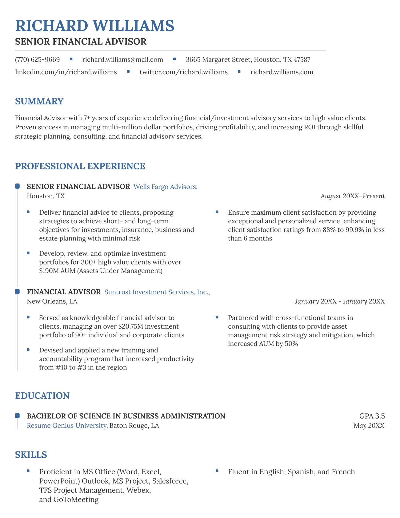 Classic CV template in dark blue