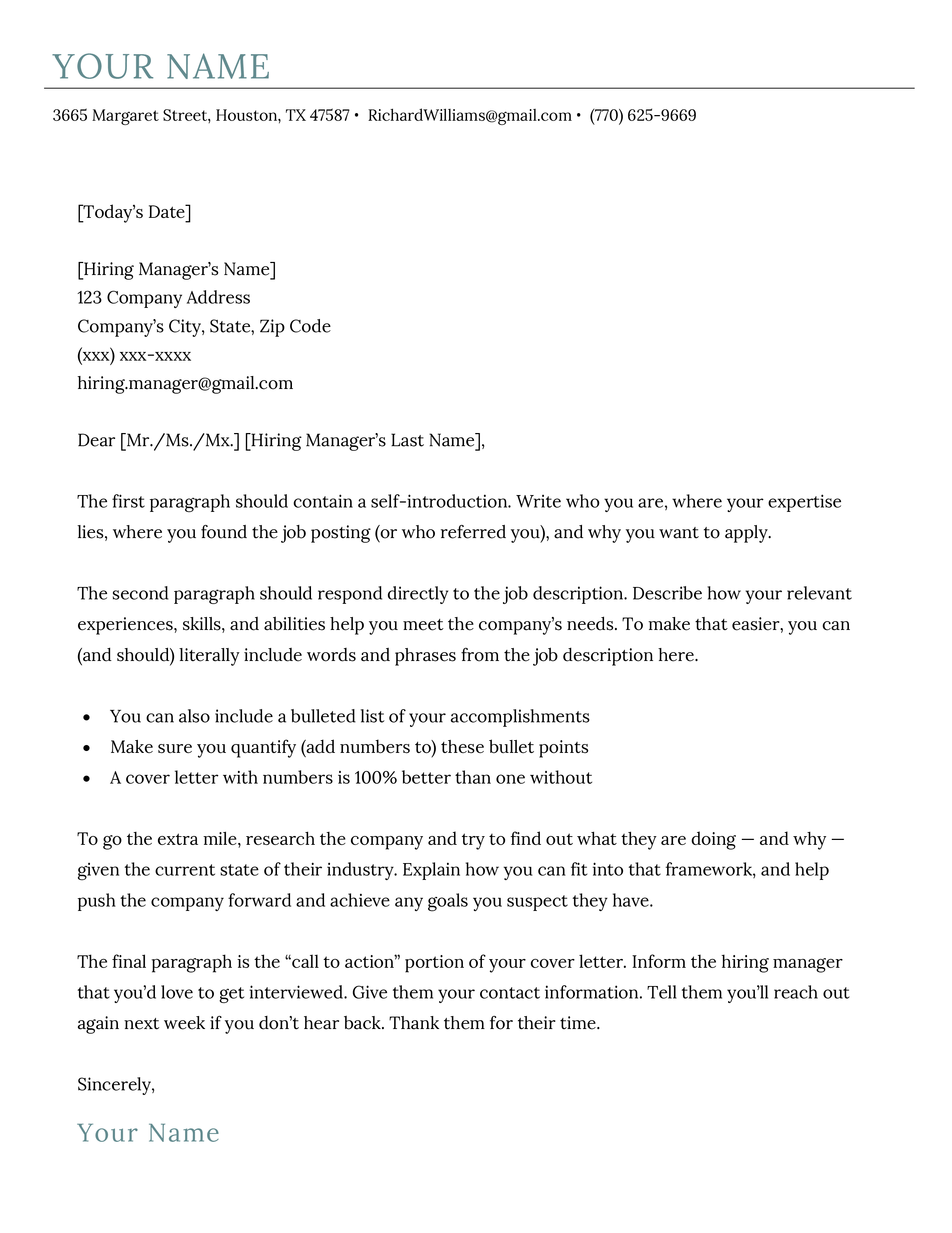 The Classic cover letter template, a custom-made cover letter design compatible with Google Docs.