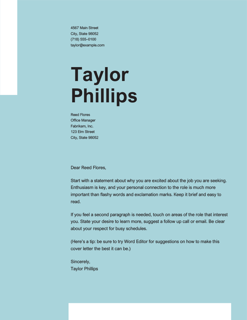 A preview of the clean and elegant cover letter template from Microsoft Word