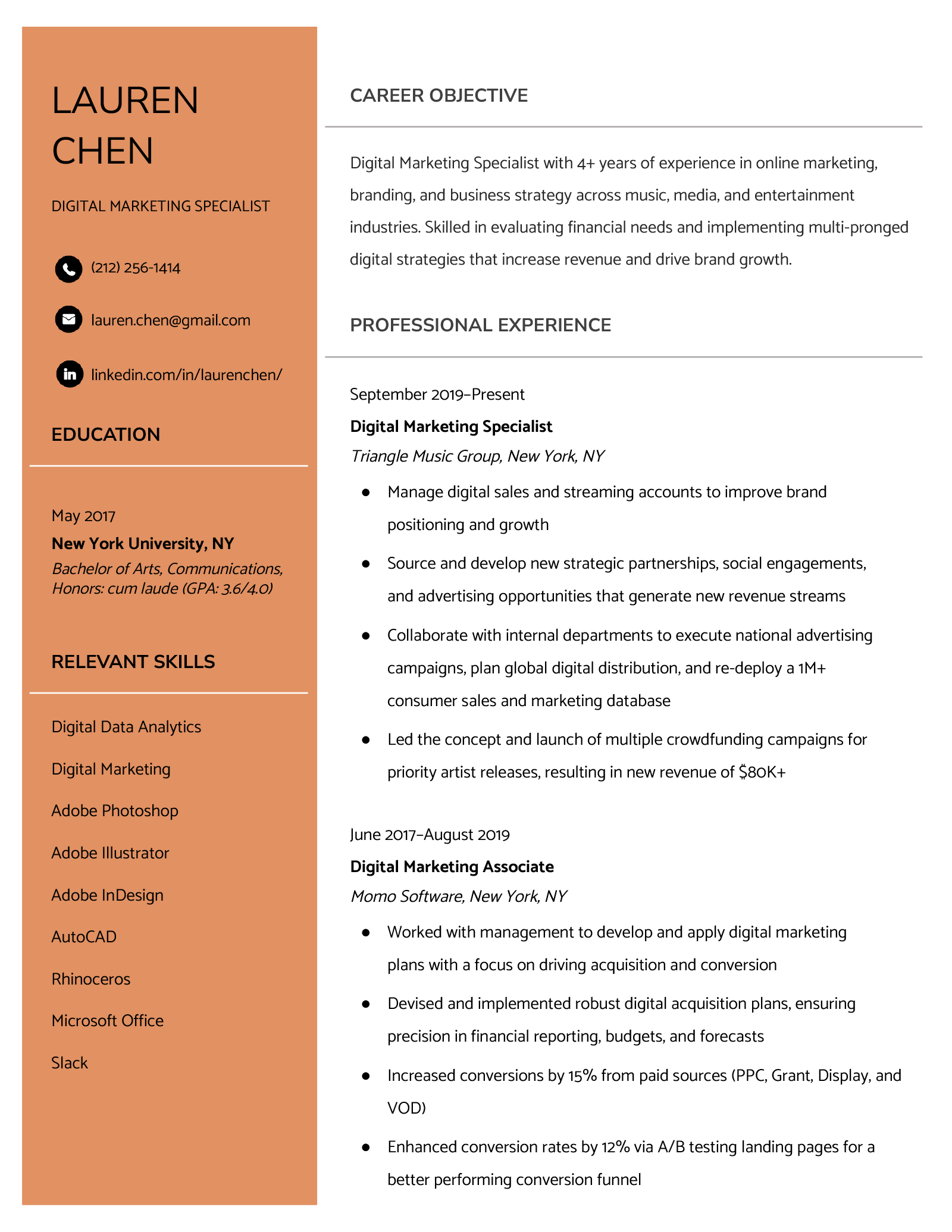 Example of a resume that uses one strong resume color.
