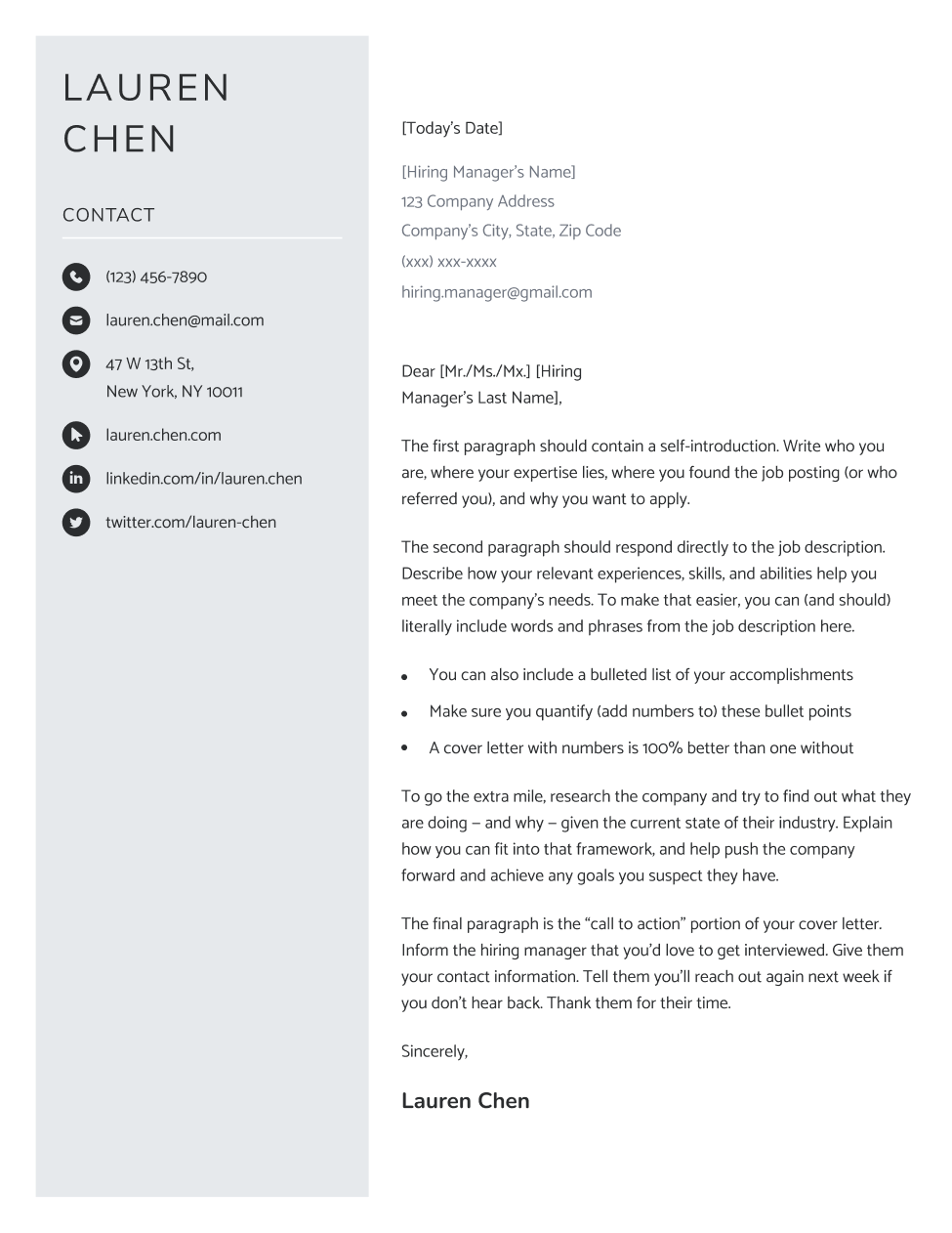 Clean cover letter in gray, with a unique sidebar design that includes your name and contact information.