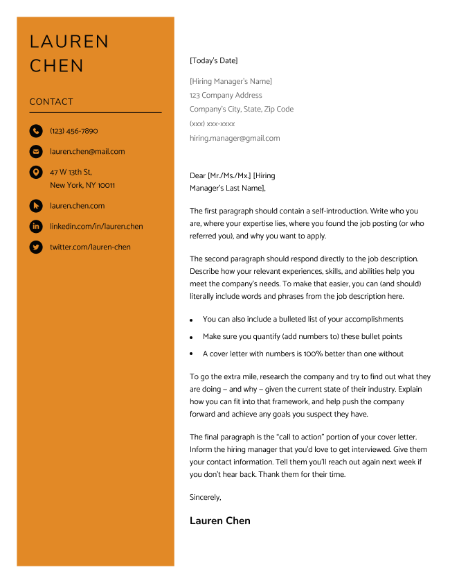 The Clean cover letter template in orange, featuring a large full color sidebar for your name and contact information.