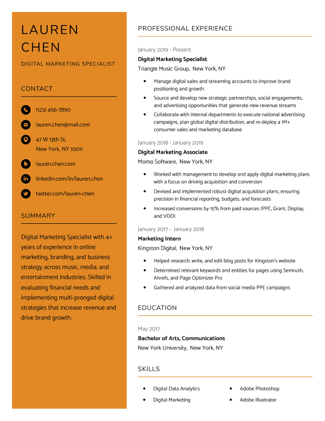 The Clean resume template in orange, featuring a large full-color sidebar on the left that highlights the candidate's contact information and resume summary.