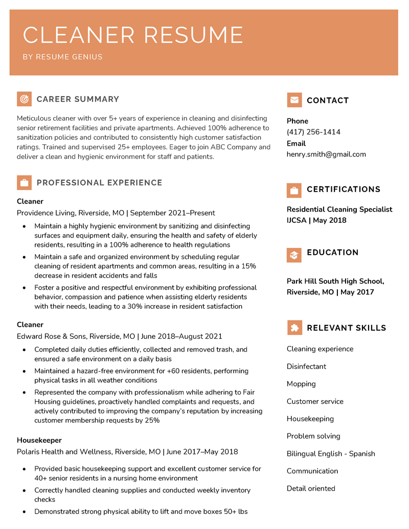 example of a cleaner resume with an orange header
