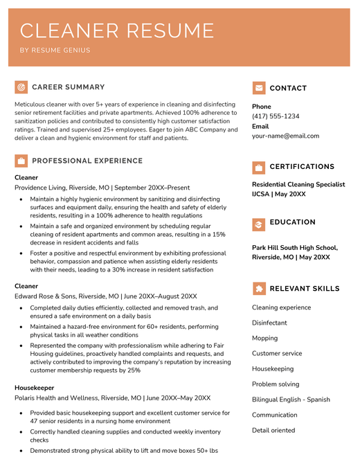 example of a cleaner resume with an orange header
