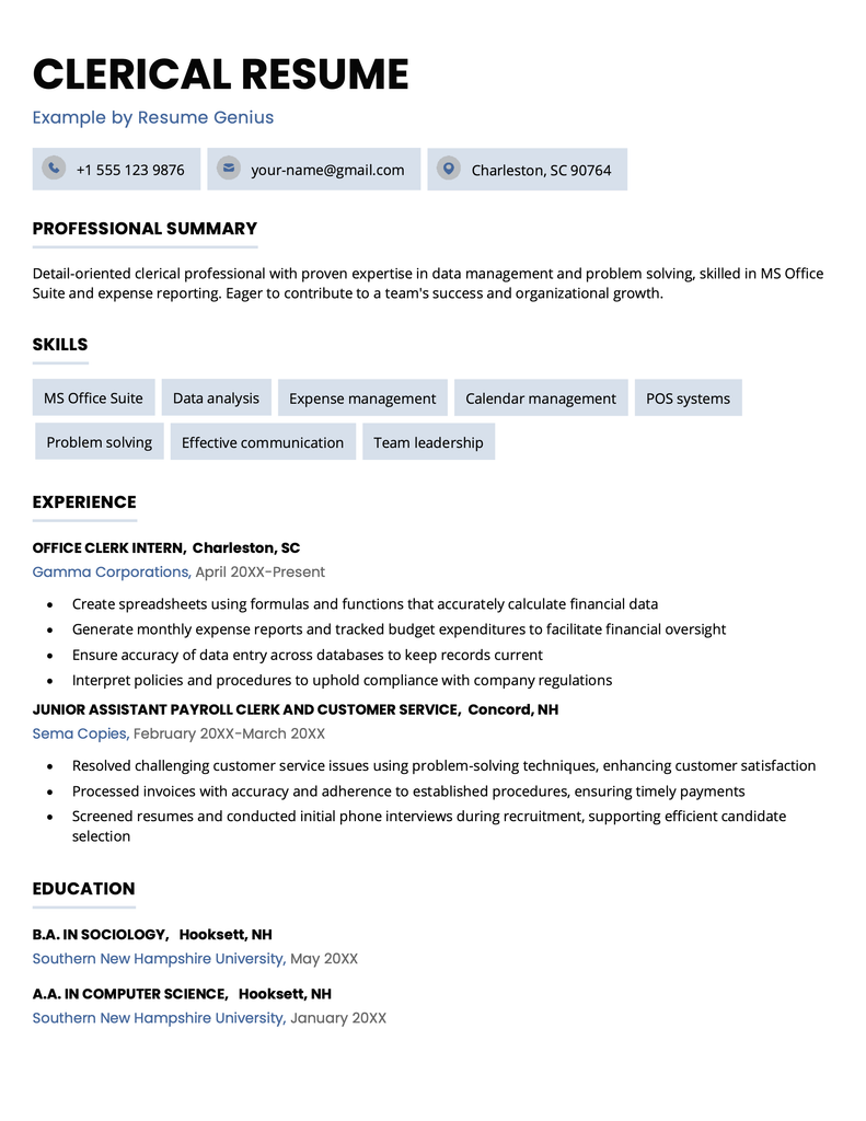 An example of a clerical resume.