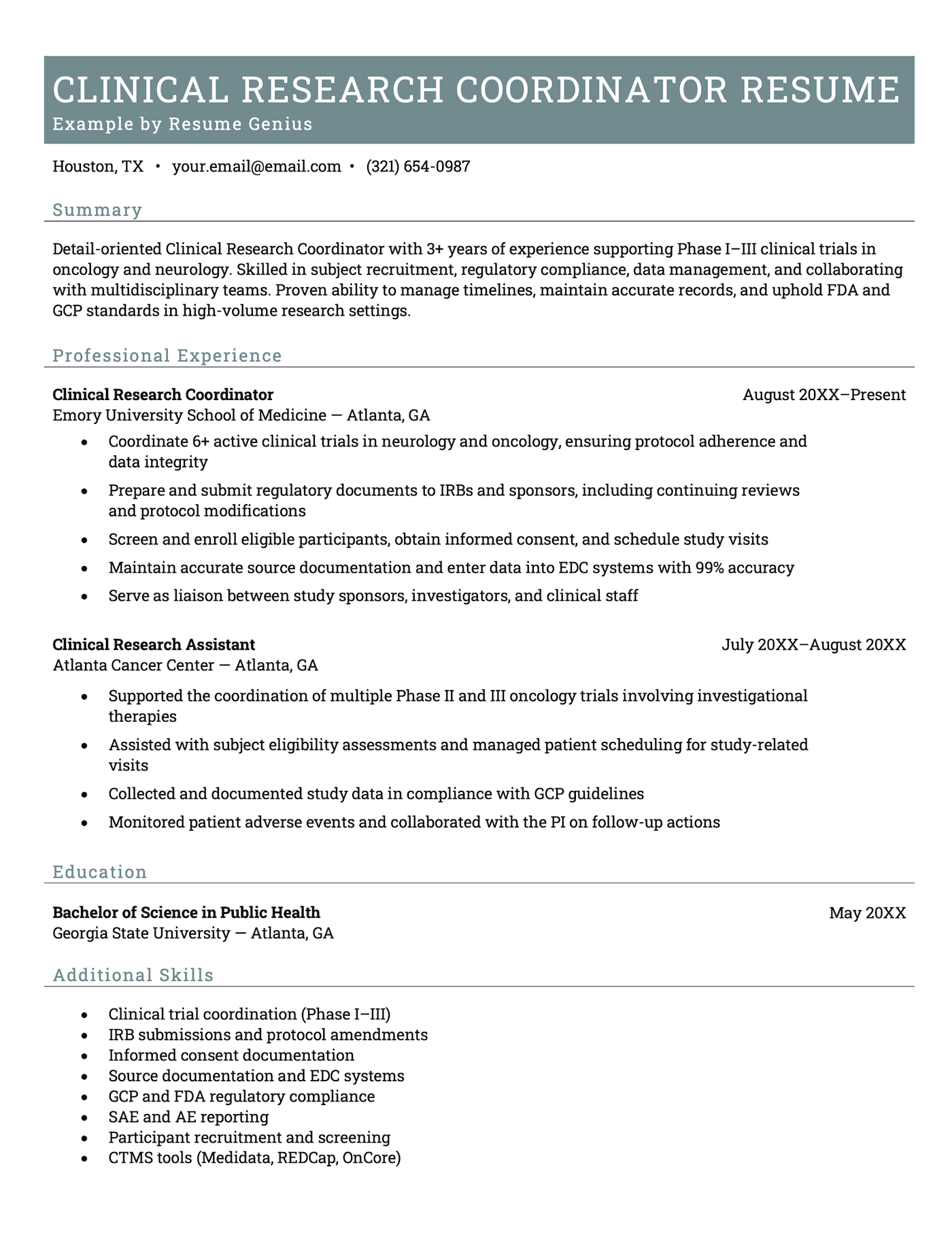 A resume example for a clinical research coordinator.