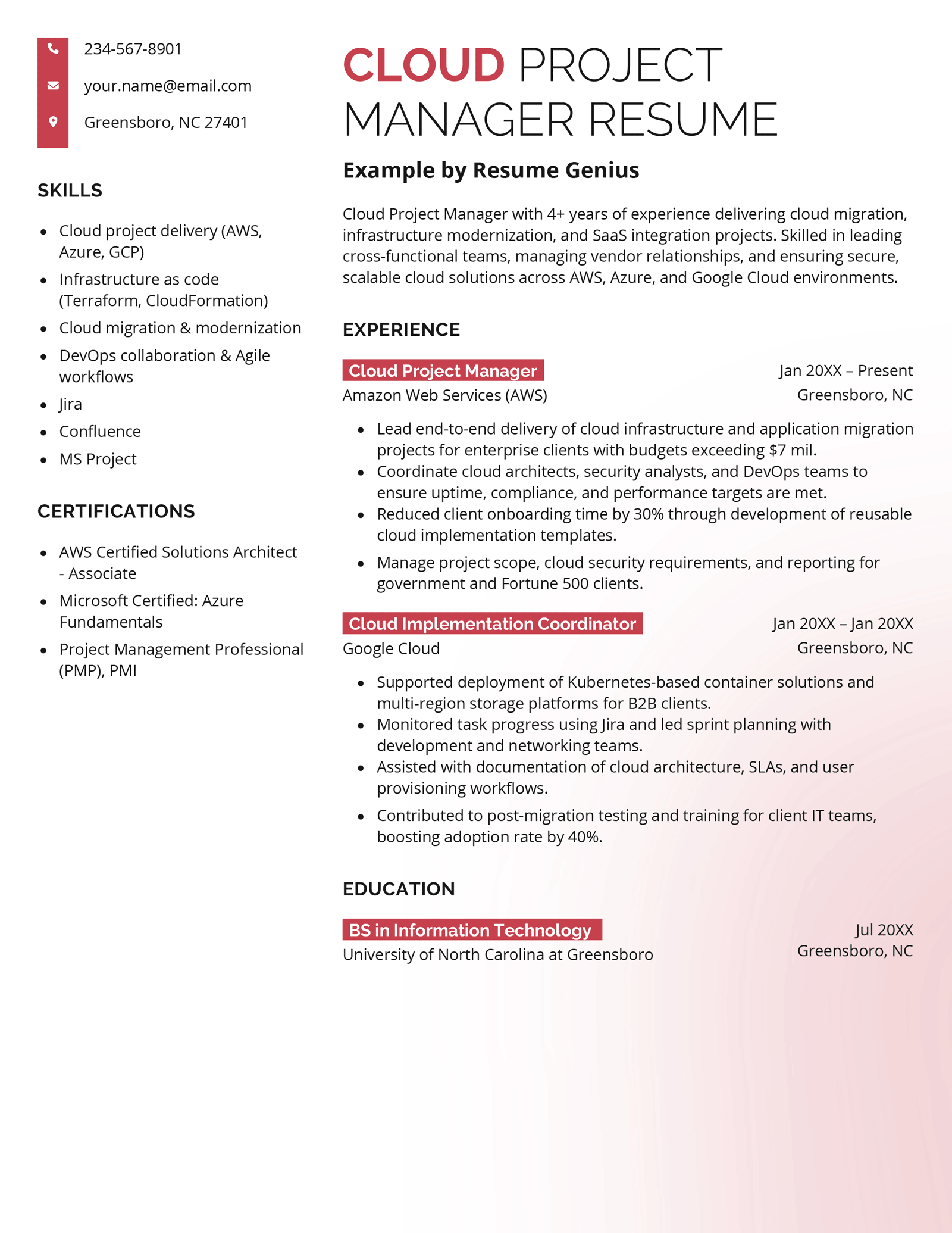 A cloud project manager resume example.