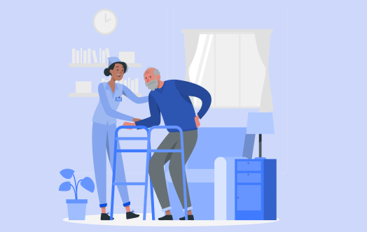 An illustration of a certified nursing assistant assisting an elderly man