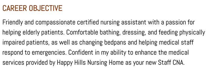 A CNA resume objective example with a red header and three sentences about the applicant's nursing experience and skills