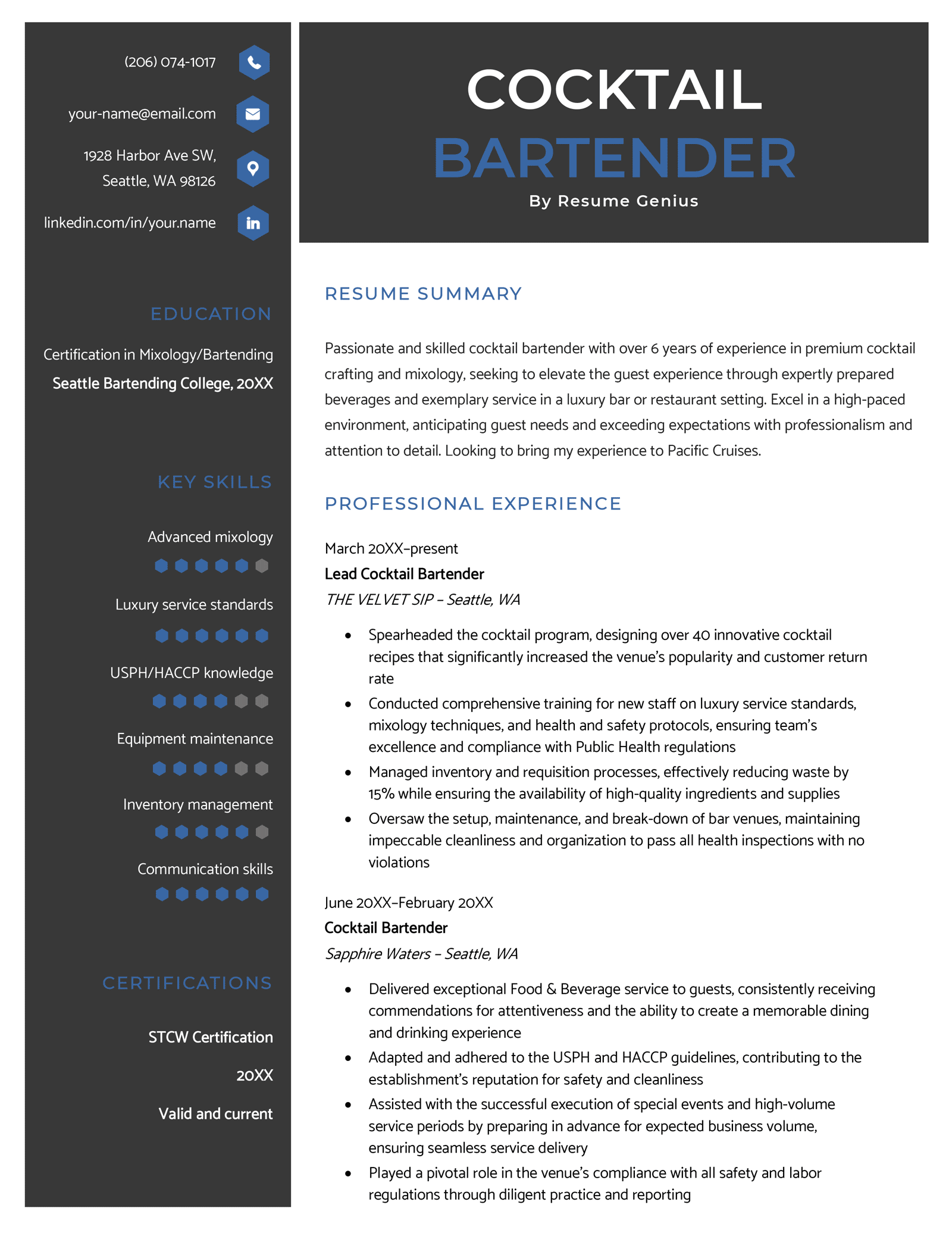 A cocktail bartender resume example that uses a black-and-blue color scheme along with a sidebar design to highlight key sections.