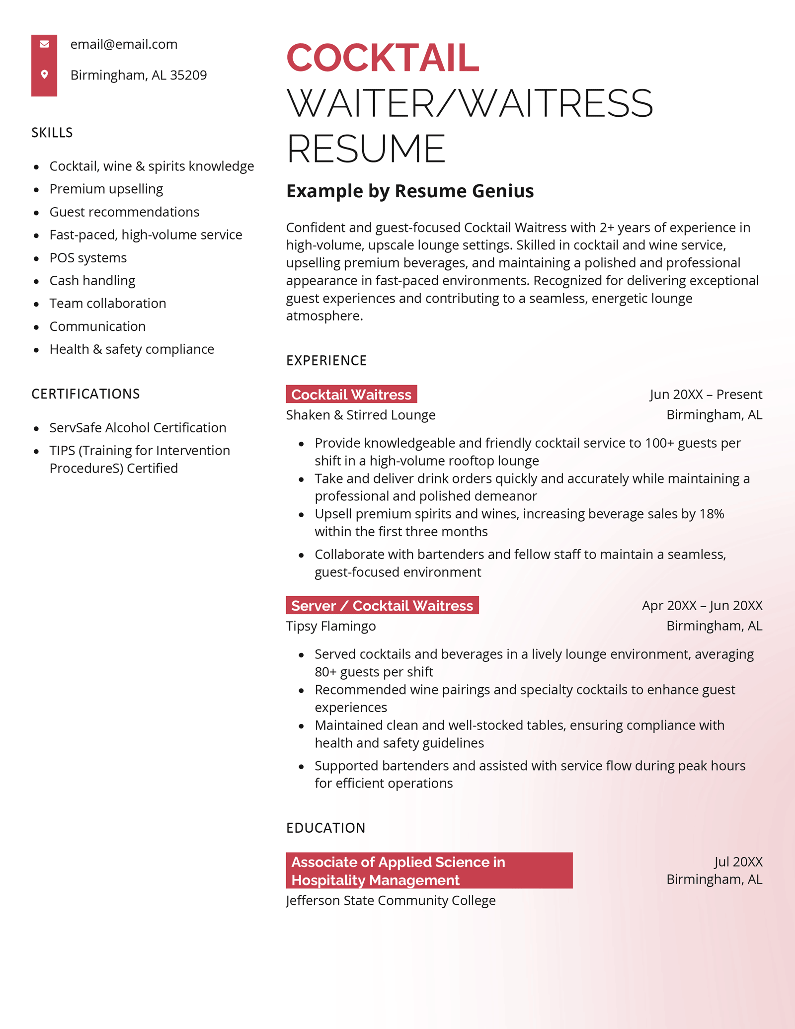 A cocktail waiter/waitress resume example.