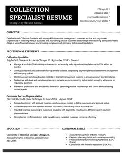 An example of a resume for a collection specialist.