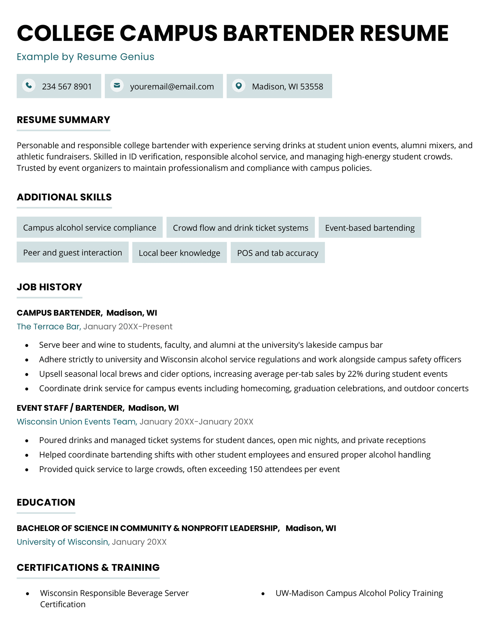 A college campus bartender resume.