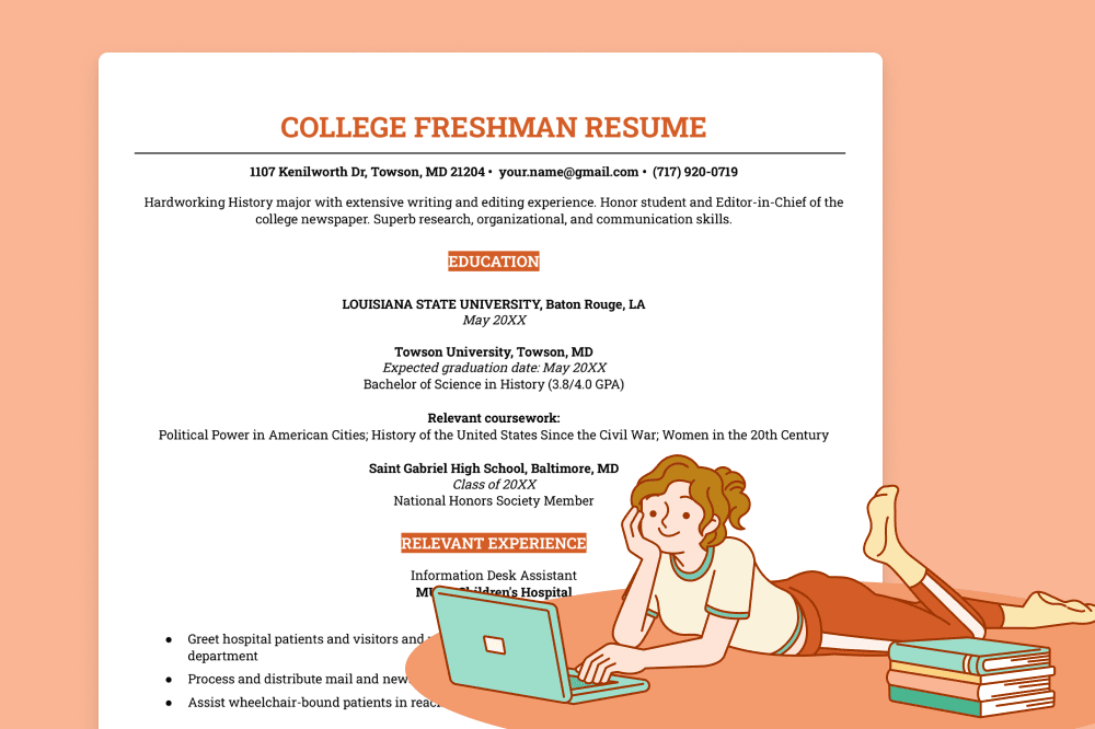 A student writes his college freshman resume.