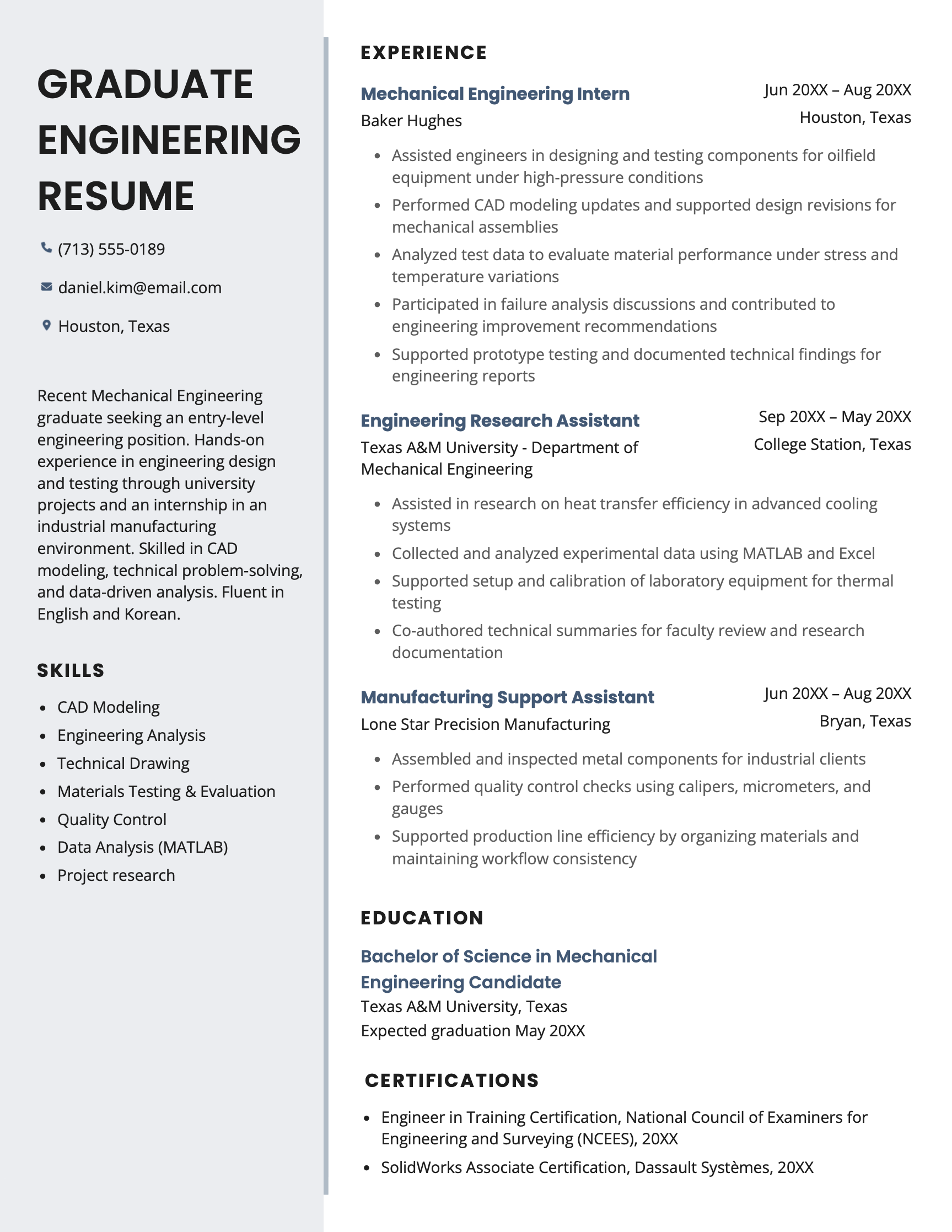 A college graduate resume example for an engineering job