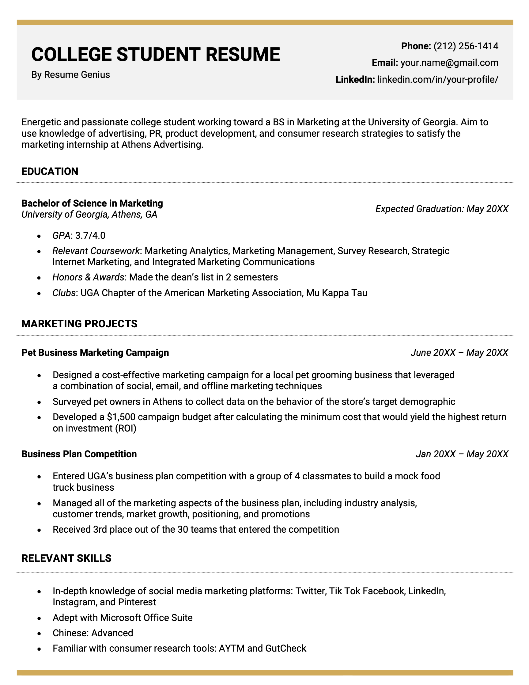 An example of how to write a resume as a college student.