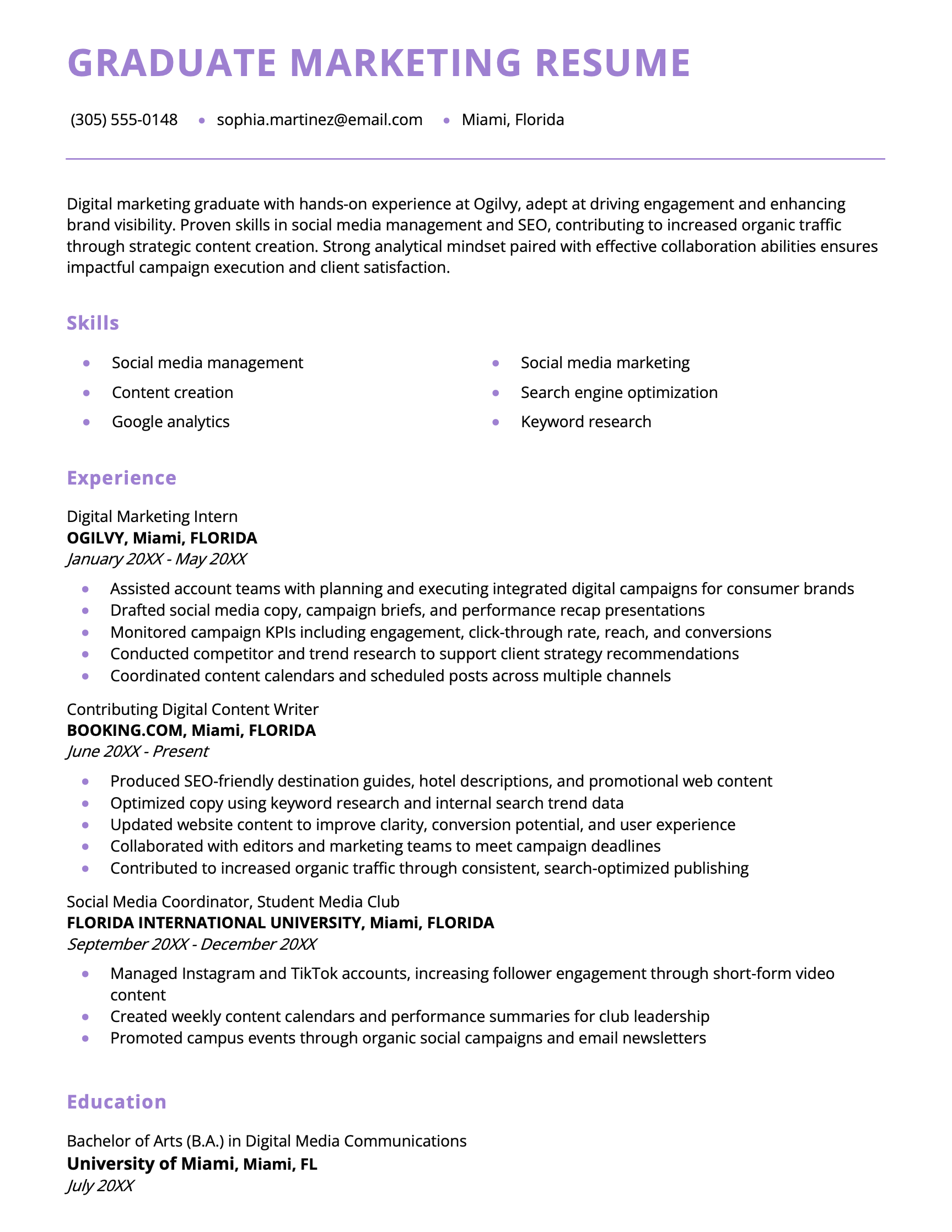 A college graduate resume example for a marketing job