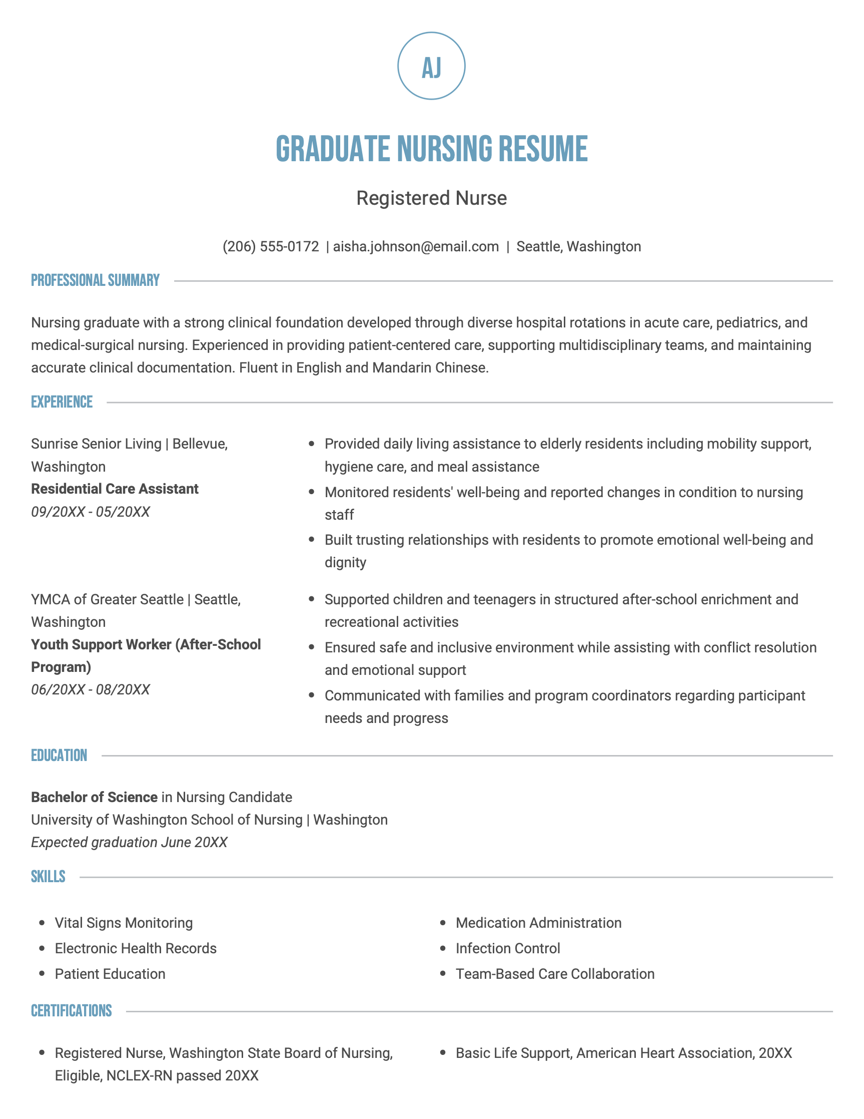 A college graduate resume example for a nursing job