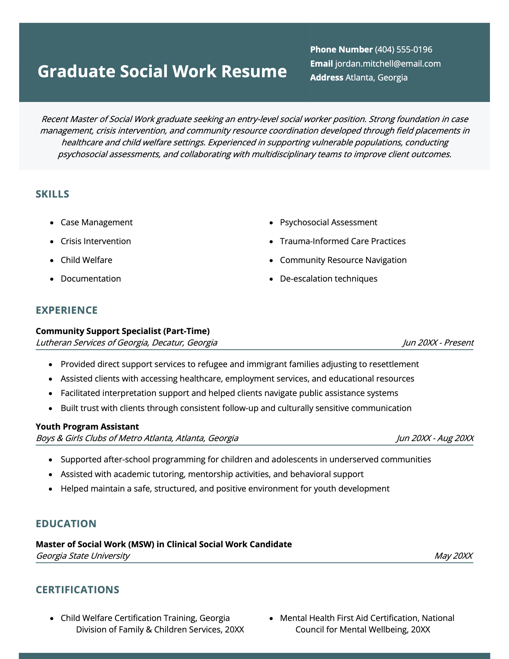 A college graduate resume example for a social work role