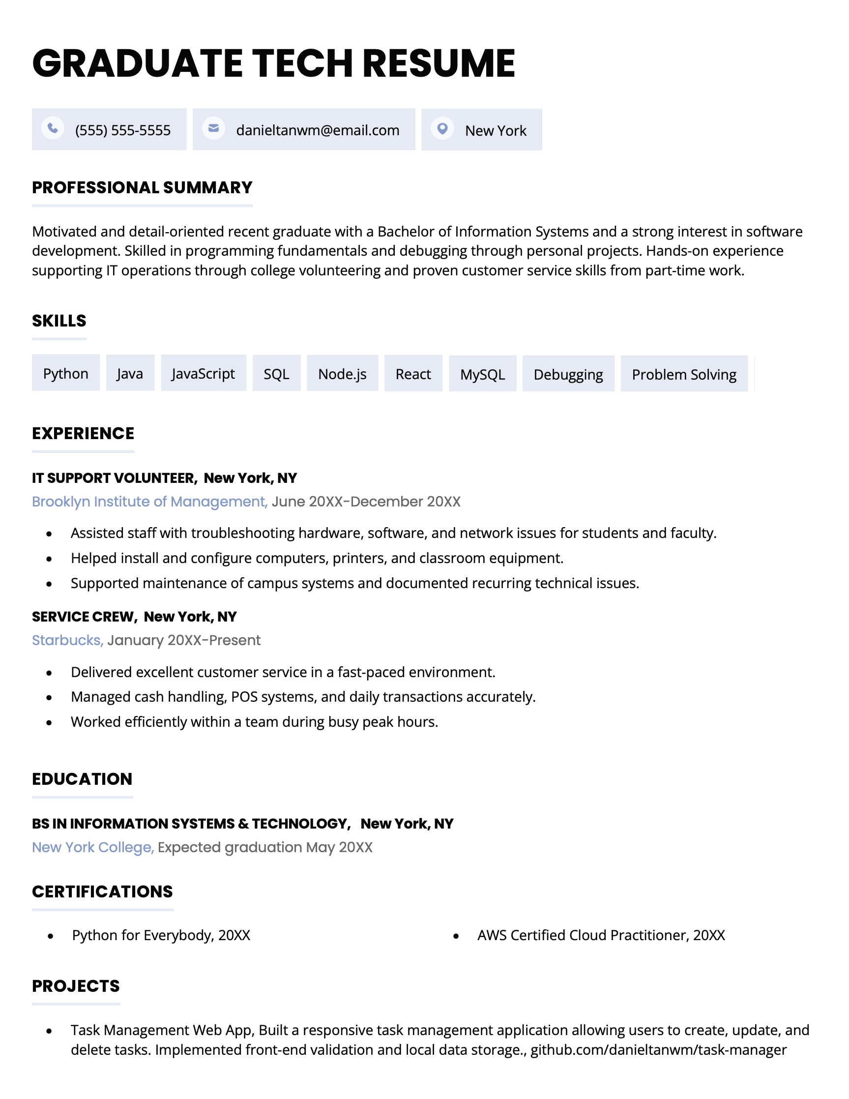 A college graduate resume example for a tech job