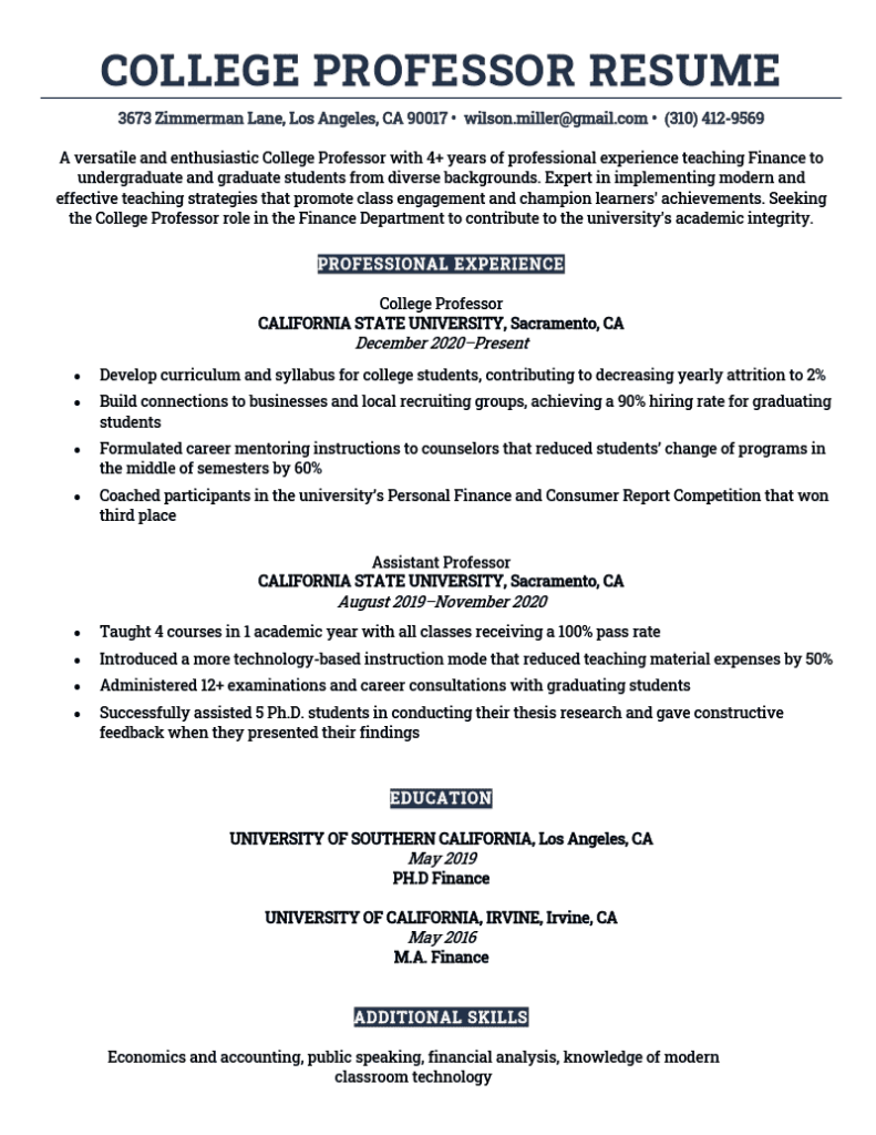 resume format for college lecturer