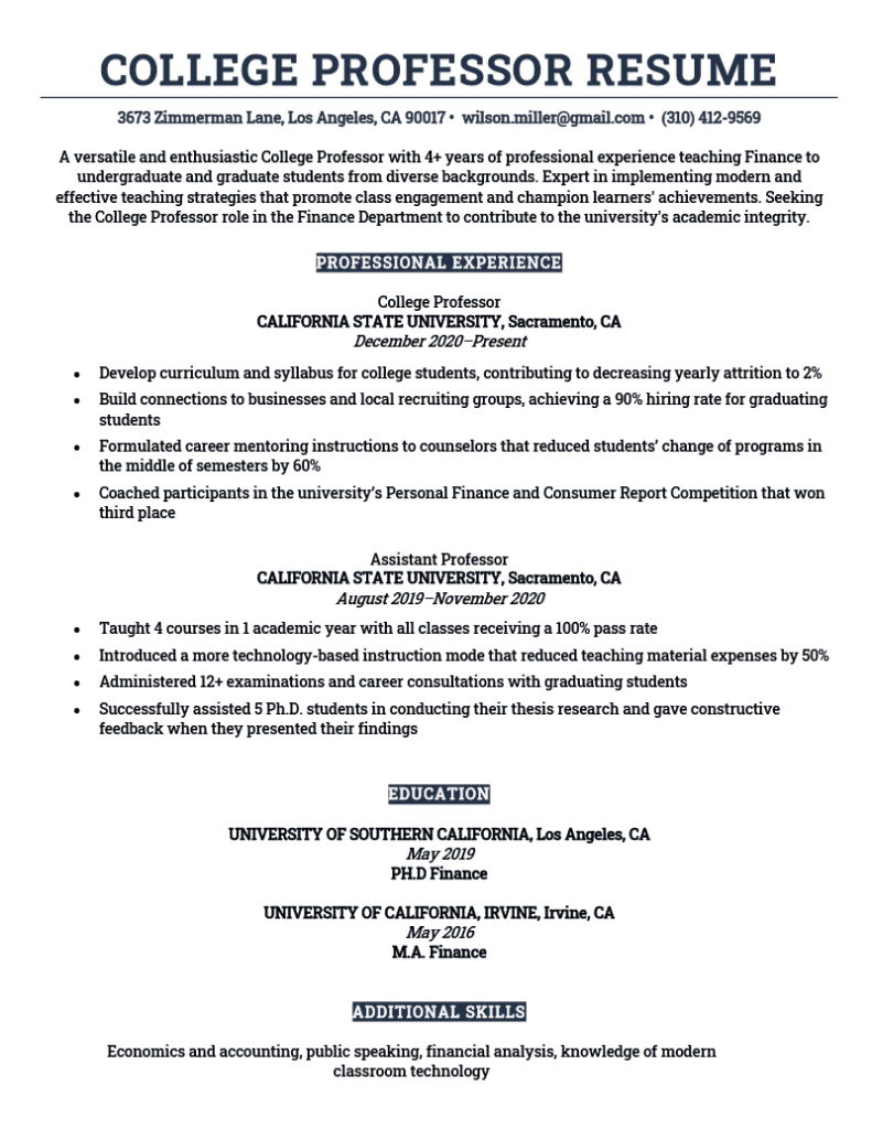 College Professor Resume Sample - Skills & Free Download