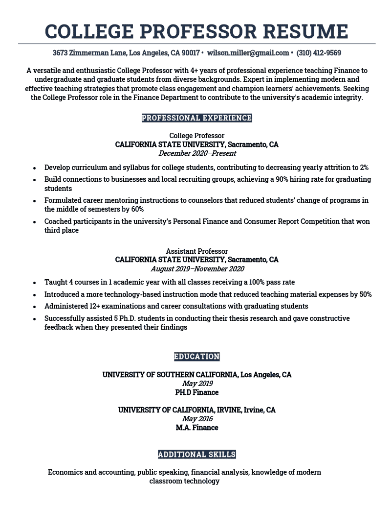 A college professor resume example on a template with a dark blue header to accentuate the applicant's name and contact details, followed by more dark blue headings that introduce the rest of the resume's sections