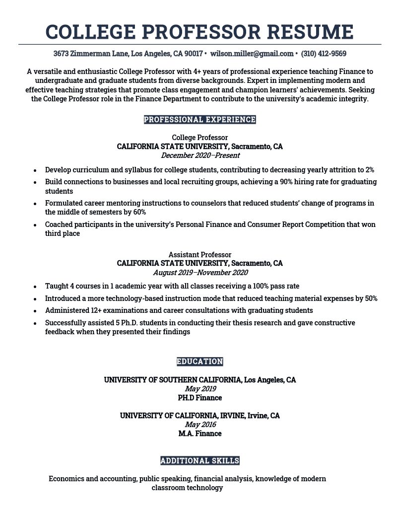 Course Example For Professor College Professor Resume Examples - Skills & Free Download
