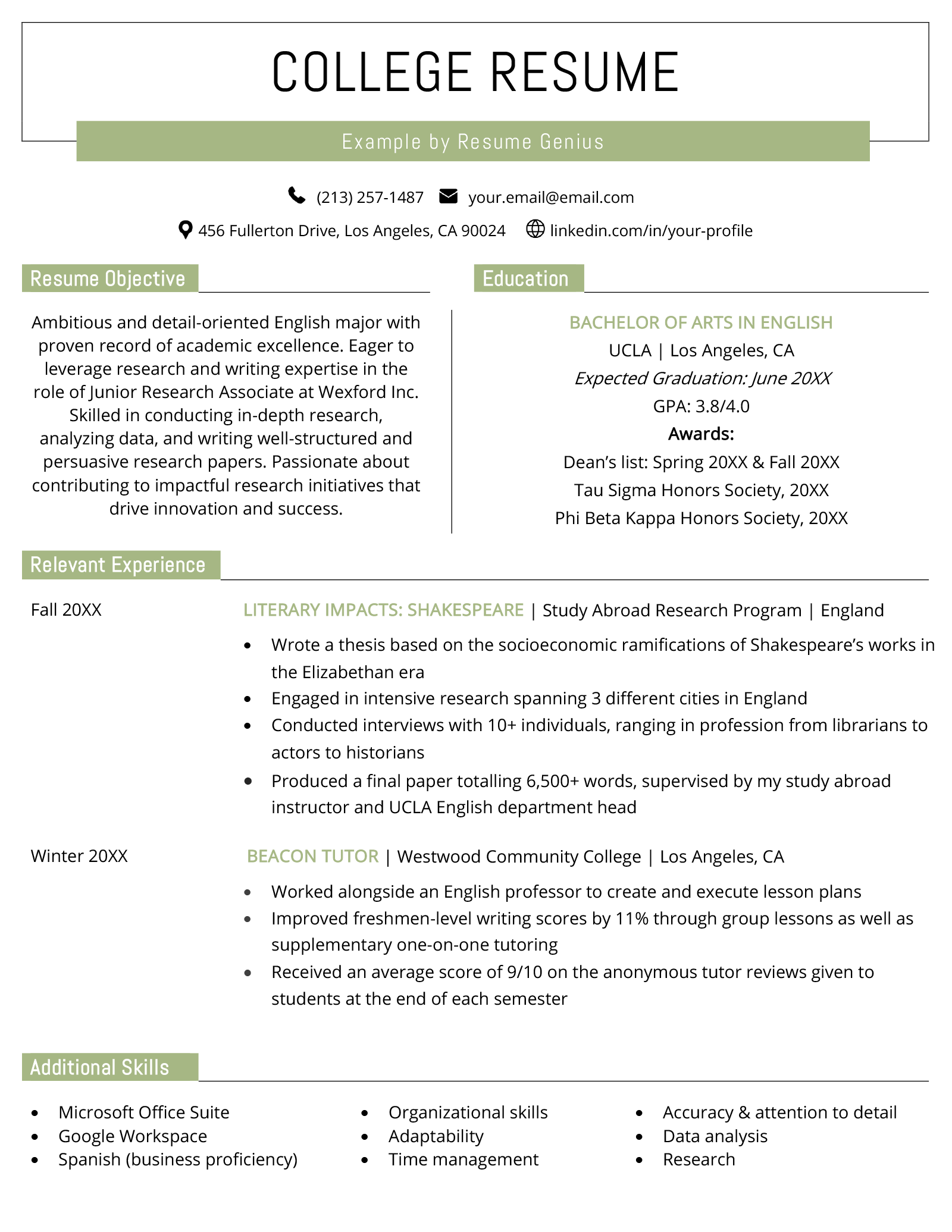 Example of a college student's resume, with a simple green design and two columned layout.