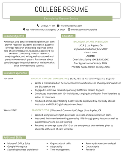 Example of a college student's resume, with a simple green design and two columned layout.