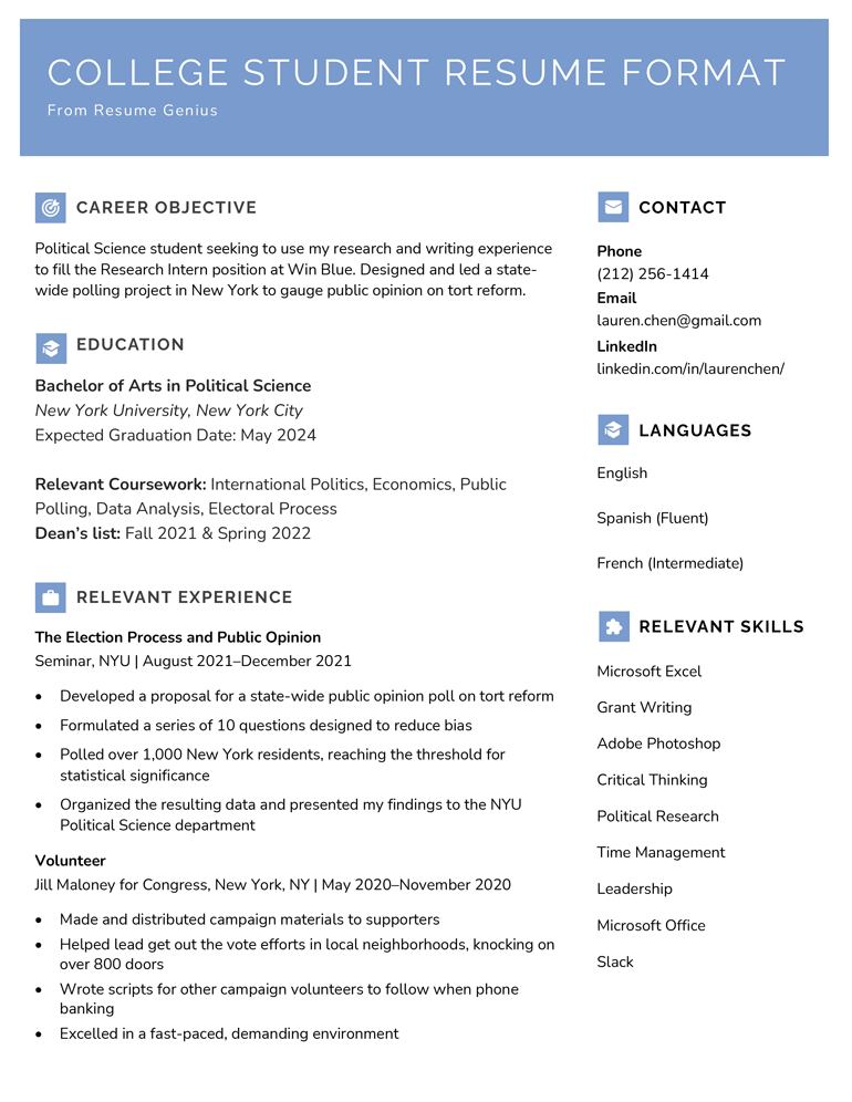 A college student resume format sample featuring an extra detailed education section and a space for relevant experience