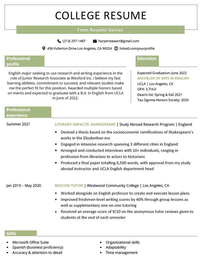 A resume template for a college student