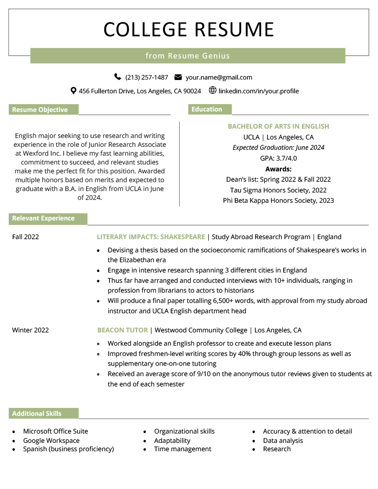 An example of a resume template for Microsoft Word that's suitable for a college student